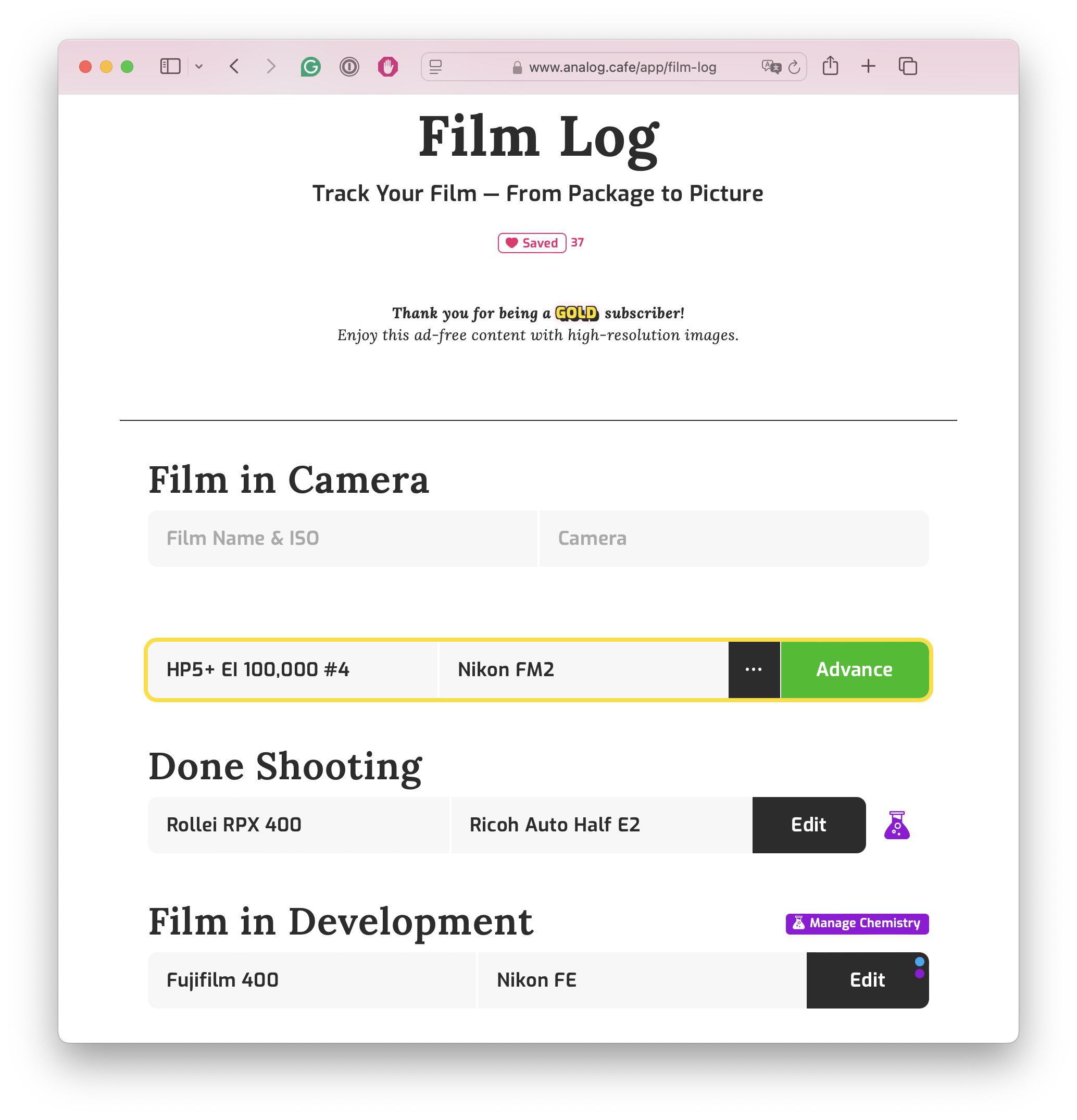 A screenshot of Film Log web app